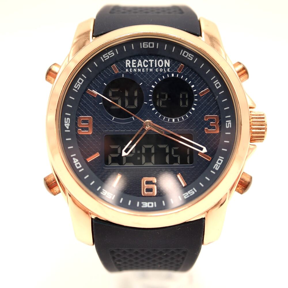 Kenneth Cole Reaction Mens Ana Digi Rose Gold Blue Tone 47mm Watch w New Battery
